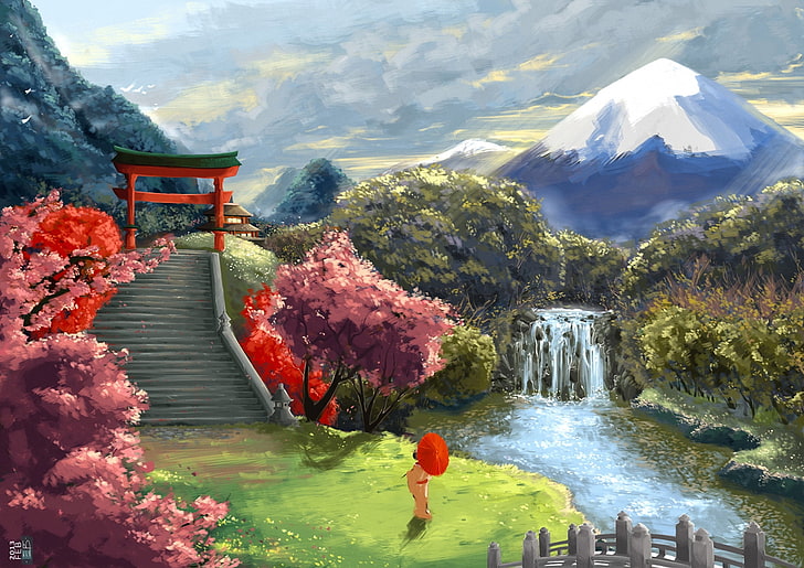 Mujer sosteniendo paraguas mirando escaleras pintura, paisaje, río, Asia, montaña, cascada, paraguas, Sakura, arte, geisha, escalera, las puertas, Fondo de pantalla HD
