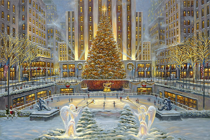 Artistic, Painting, Christmas, Christmas Tree, Holiday, Light, Rockefeller Center, Skating Rink, HD wallpaper
