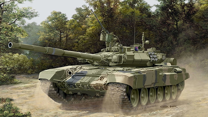 green and beige battle tank, gun, art, artist, tank, Russia, polygon, guns, exercises, Russian, T-90, NSVT, caliber, MBT, 125 mm, 62 mm, 7 mm, position, PKT, G. Klawek., Cord, nominated, on the source, HD wallpaper