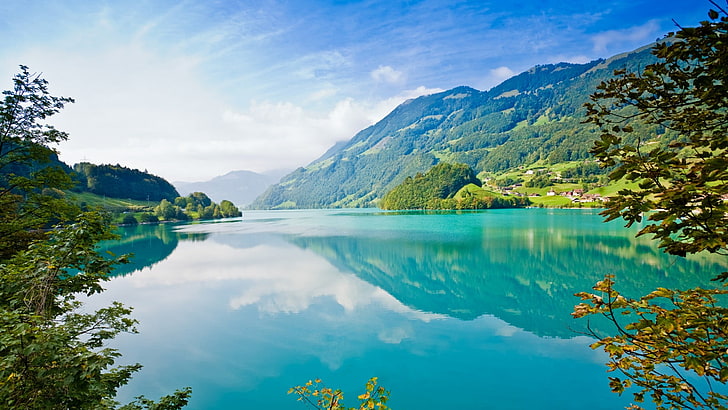 природа, размисъл, вода, езеро, небе, планина, планина, планинско езеро, lungerersee, езеро Lungern, Швейцария, озеленяване, пейзажна фотография, HD тапет
