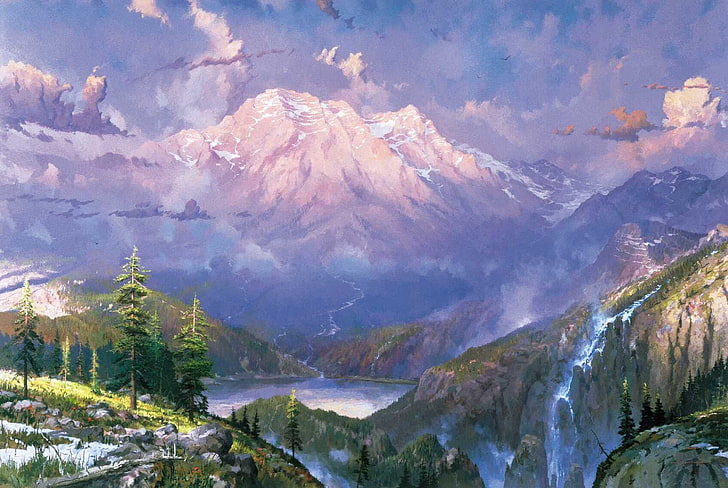 Illustration of mountains, snow, landscape, mountains, nature, lake,  waterfall, HD wallpaper | Wallpaperbetter