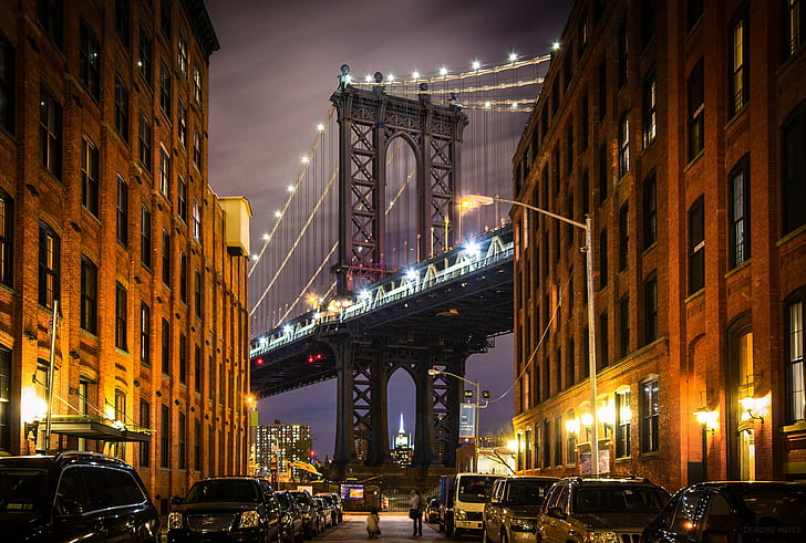 США, Бруклинский мост, Нью-Йорк, США, Манхэттен, улица, дома, Бруклинский мост, HD обои