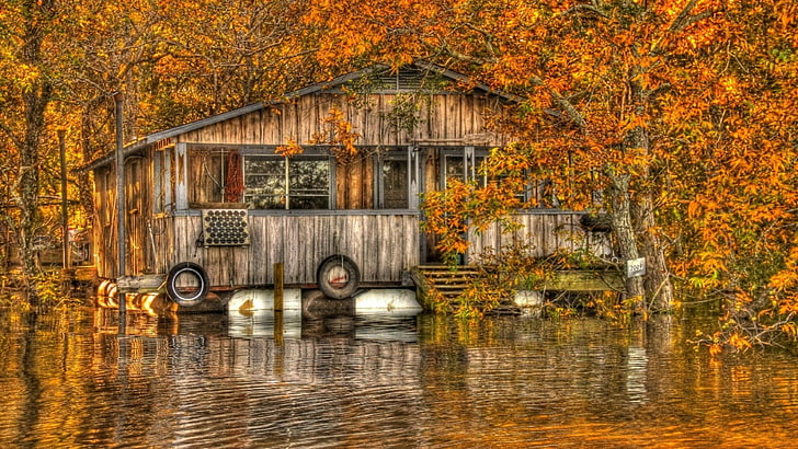 float, bungalow, louisiana, ouachita river, river, bank, house, cottage, camp, reflection, home, wetland, tree, bayou, leaves, water, autumn, HD wallpaper