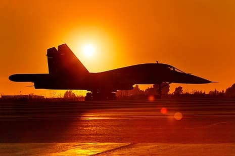 the sun, sunset, the plane, background, the evening, Russia, bomber, the airfield, BBC, Dry, Su-34, Syria, VIDEOCONFERENCING, HD wallpaper HD wallpaper