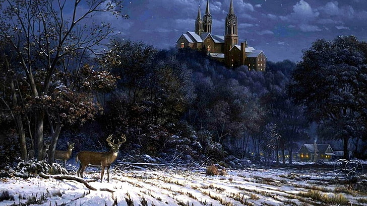 art, castle, deer, drawing, field, forest, oil, painting, snow, HD wallpaper
