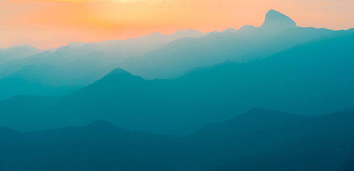 Matahari terbenam, Pegunungan, Teal, 5K, Turquoise, Gradient, Wallpaper HD