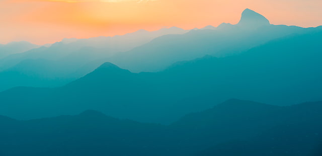 Sunset, Mountain range, Teal, 5K, Turquoise, Gradient, HD wallpaper HD wallpaper