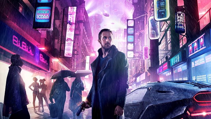 Mann mit schwarzer Reißverschlussjacke und Pistole auf 3D-Hintergrund, Ryan Gosling, Blade Runner 2049, HD, 2017, HD-Hintergrundbild
