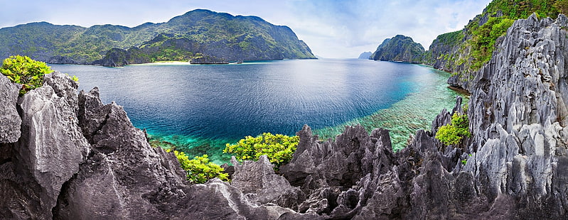 панорамна фотография на водоем, заобиколен от планини, фотография, природа, пейзаж, панорама, хълмове, остров, море, лагуна, плаж, тропически, Филипини, HD тапет HD wallpaper