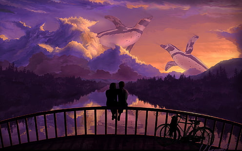 Romantic couple bridge sunset art, other love, romantic, couple, bridge, sunset, penguins, bikes, HD wallpaper HD wallpaper
