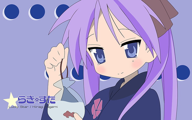 woman with purple hair anime character, lucky star, hiiragi kagami, girl, kimono, fish, HD wallpaper