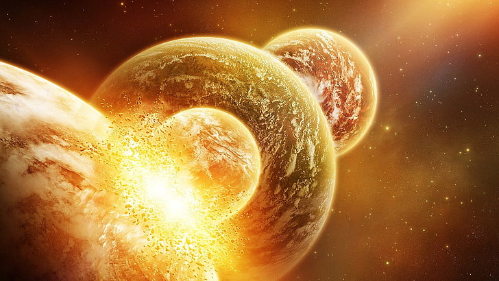 explosion, planet, worlds collide, space art, universe, worlds, space, collide, HD wallpaper