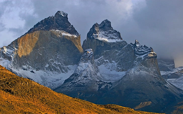 nature, landscape, snowy peak, Torres del Paine, mountains, Chile, clouds, HD wallpaper