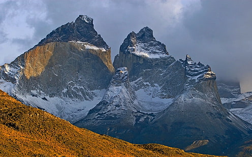 nature, landscape, snowy peak, Torres del Paine, mountains, Chile, clouds, HD wallpaper HD wallpaper