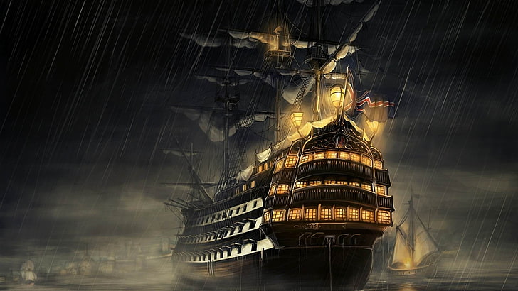 ilustrasi kapal galleon, kapal layar, laut, malam, hujan, lampu, karya seni, Wallpaper HD