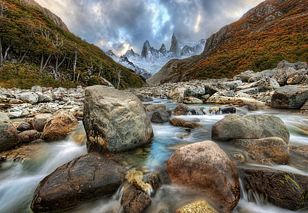 black, brown and gray rocks fragment on river during day time, Runs, Andes, black, brown, gray rocks, fragment, day, time, Patagonia, Argentina, adventure, river  wild, hike, hiking, hdr, high  dynamic  range, photography, stuck, customs, Nikon  d3x, march, wilderness, south  America, clouds, color, travel, water, dangerous, rocks, trees, icy, mountains, jagged, peaks, natural  landscape, scenic, stones, rapids, moss, turbulent, nature, unsafe, crags, cold, growth, isolated, wildlife, camping, sky, mountainous, uninhabited, country, mountain, river, outdoors, rock - Object, waterfall, landscape, stream, scenics, forest, beauty In Nature, autumn, HD wallpaper HD wallpaper