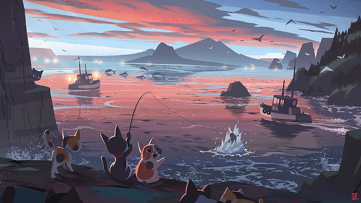 Katzen, Angeln, Küste, Delphin, Schiff, Fisch, digitale Kunst, HD-Hintergrundbild