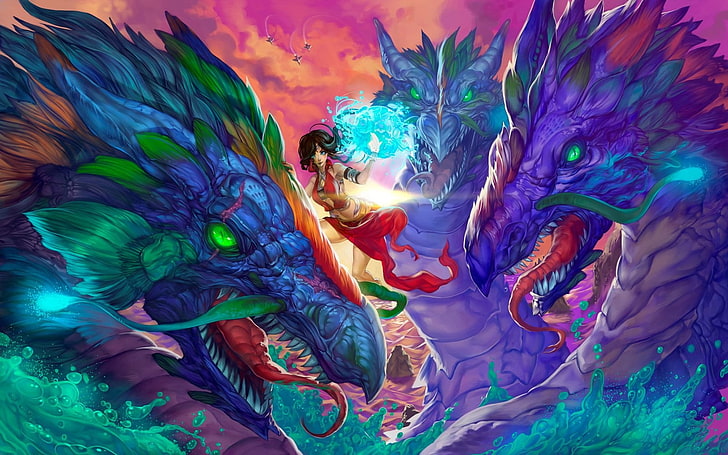 женщина, стоящая между морскими монстрами обои, фэнтези арт, дракон, HD обои