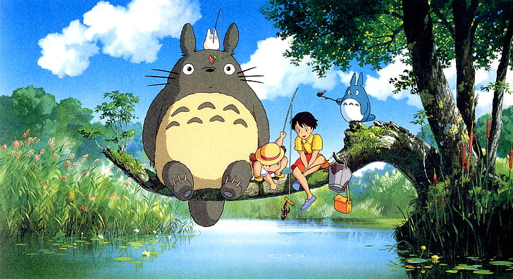 tecknad bild, flod, träd, Totoro, ghibli, Hayao Miyazaki, Satsuki Kusakabe, fiskespön, Mei Kusakabe, Min granne Totoro, HD tapet