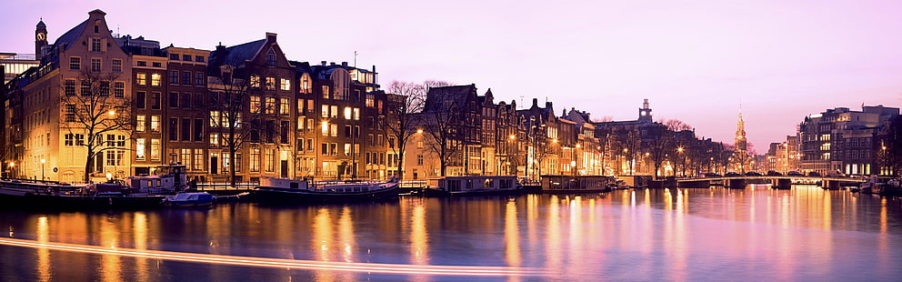 Illuminated, buildings, canal, night, Amsterdam, Netherlands, Illuminated, Buildings, Canal, Night, Amsterdam, Netherlands, HD wallpaper HD wallpaper