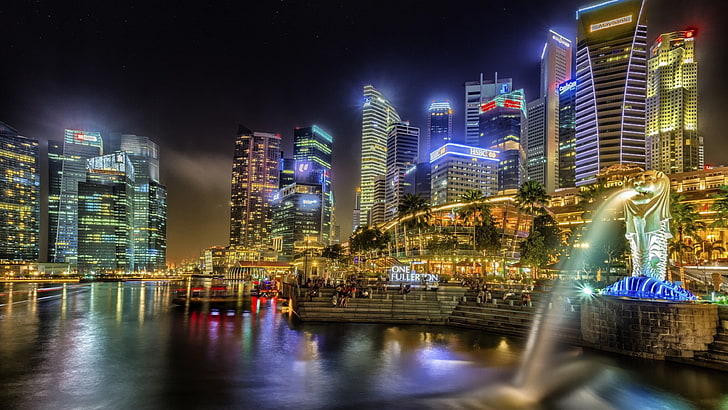 мерлион парк, сингапур, огни города, фонтан, мерлион, азия, небоскреб, ночь, ночное время, центр города, HD обои