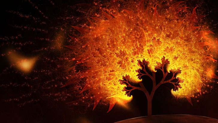 самотно дърво, абстрактно, дървета, дигитално изкуство, огън, HD тапет