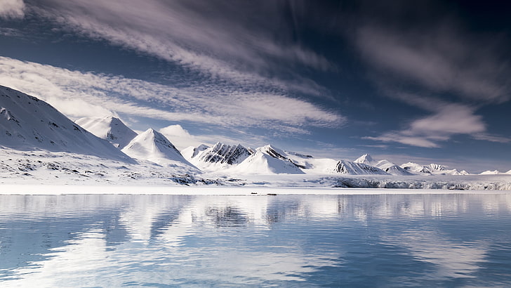 ธรรมชาติ, ภูเขา, ท้องฟ้า, อาร์กติก, spitsbergen, ตอนกลางวัน, หิมะ, ธรณีสัณฐาน, ธารน้ำแข็ง, น้ำแข็ง, การแช่แข็ง, น้ำแข็งทะเล, เมฆ, วอลล์เปเปอร์ HD