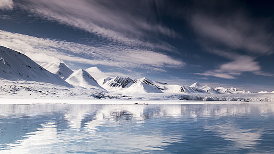 alam, gunung, langit, arktik, spitsbergen, siang hari, salju, bentang alam gletser, gletser, tutup es, pembekuan, es laut, awan, Wallpaper HD HD wallpaper