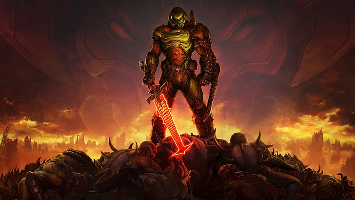 Doom (game), Doom guy, Doom (2016), DOOM Eternal, Doom slayer, Video Game Horror, video games, sword, demon, HD wallpaper