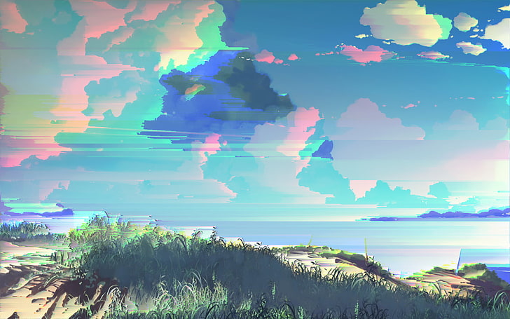 Etendue d'eau près de la montagne papier peint, glitch art, tri par pixels, nuages, art numérique, Fond d'écran HD