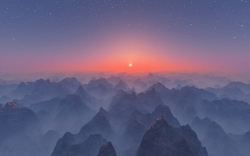 montagne sotto cielo blu, nebbia, paesaggio, natura, tramonto, montagne, stelle, orizzonte, calma, CGI, arte digitale, Sfondo HD HD wallpaper