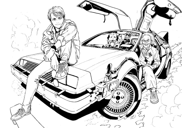 Назад в будущее, Марти МакФлай, DeLorean, DMC DeLorean, автомобиль, машина времени, нарисованный, мужчины, домашнее животное, собака, монохромный, HD обои