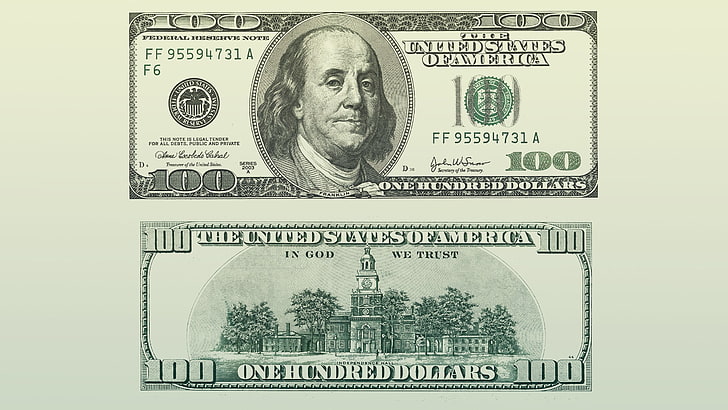 100 ดอลลาร์สหรัฐฯเรียกเก็บเงินด้านหลังและด้านหน้าเงินดอลลาร์พื้นหลังสีเขียว, วอลล์เปเปอร์ HD