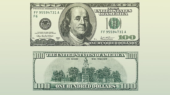 Factura de 100 dólares estadounidenses y vista frontal, dinero, dólares, fondo verde, Fondo de pantalla HD HD wallpaper