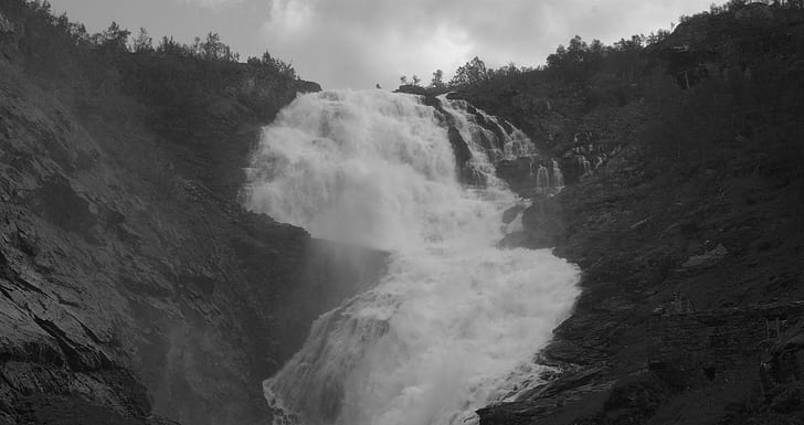монохромный, водопад, Kjosfossen, HD обои