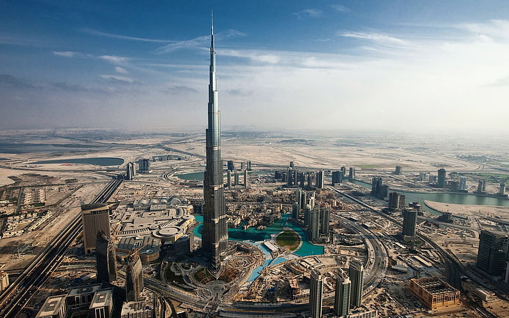 Бурж Халифа, Дубай, град, градски пейзаж, Дубай, Бурж Халифа, сграда, небостъргач, архитектура, град, градски, слънчево, небе, път, пустиня, HD тапет