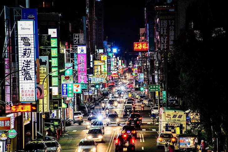 都市、アジア、都市、夜、通り、交通、 HDデスクトップの壁紙