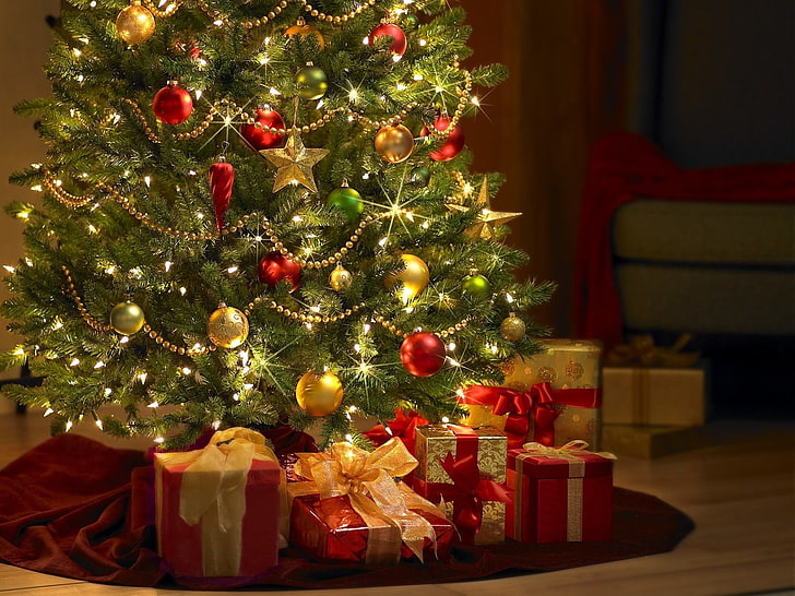 Weihnachtsbaum tapete, urlaub, weihnachten, weihnachtsbeleuchtung, weihnachtsschmuck, weihnachtsbaum, geschenk, HD-Hintergrundbild