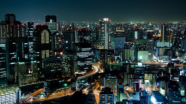 오사카, 도시 풍경, 도시, 일본, 중심지, 밤, 지평선, 마천루, 경계표, 탑 블록, 도심, 아시아, 하늘, 건물, 도시의 불빛, HD 배경 화면