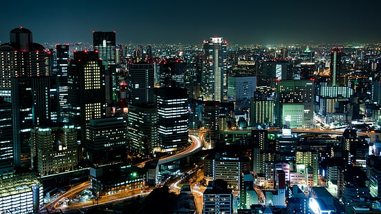 大阪、都市景観、都市、日本、大都市、夜、スカイライン、高層ビル、ランドマーク、タワーブロック、ダウンタウン、アジア、空、建物、街の明かり、 HDデスクトップの壁紙 HD wallpaper