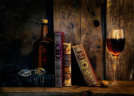 tiga buku dan gelas anggur, tua, buku, anggur, gelas, Wallpaper HD HD wallpaper