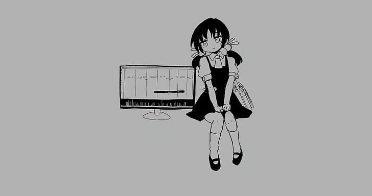 Kaai Yuki, nukunuku nigirimeshi, inabakumori, Vocaloid, Utau, anime girls, smiling, monitor, monochrome, gray background, simple background, school bag, sitting, HD wallpaper