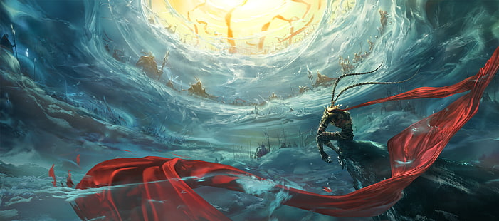 persona sentada en la ilustración del acantilado, arte de fantasía, capa, Rey Mono, Sun Wu Kong, Rey Mono: Hero is Back, Fondo de pantalla HD HD wallpaper