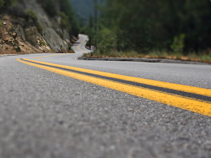 gray concrete road, road, marking, lines, yellow, asphalt, turns, HD wallpaper