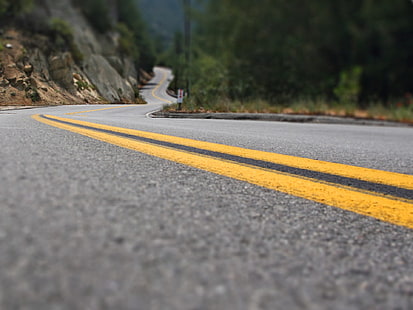 gray concrete road, road, marking, lines, yellow, asphalt, turns, HD wallpaper HD wallpaper