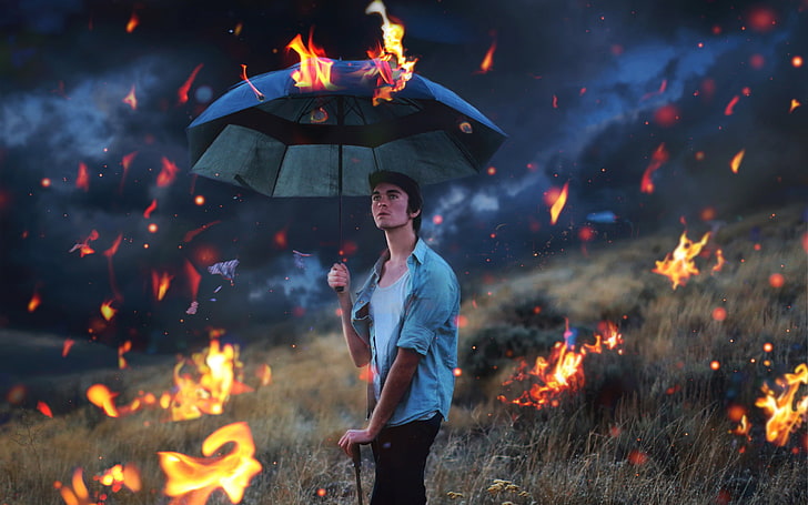 konceptualny, surrealistyczny, autoportret, deszcz ognia, Tapety HD