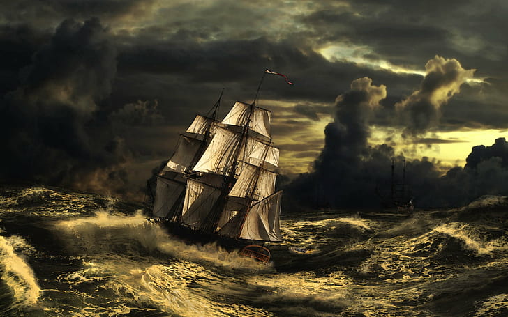 art, clouds, sailboat, sea, sky, storm, stormy, waves, HD wallpaper