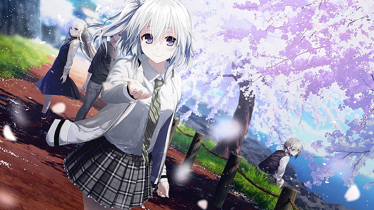 Anime, Anime Girls, lila Augen, weißes Haar, Kleid, Gras, langes Haar, Park, Rock, Krawatte, HD-Hintergrundbild