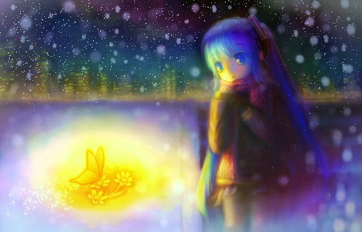 two red and yellow dressed woman in dress, snow, winter, Hatsune Miku, HD wallpaper