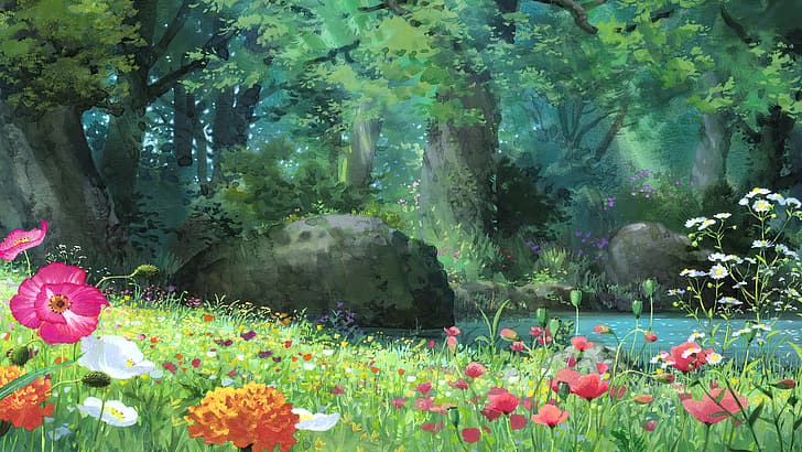 Kari-gurashi no Arietti, animerade filmer, anime, animation, filmstillbilder, Studio Ghibli, fält, blommor, vatten, stenar, träd, skog, natur, gräs, löv, HD tapet